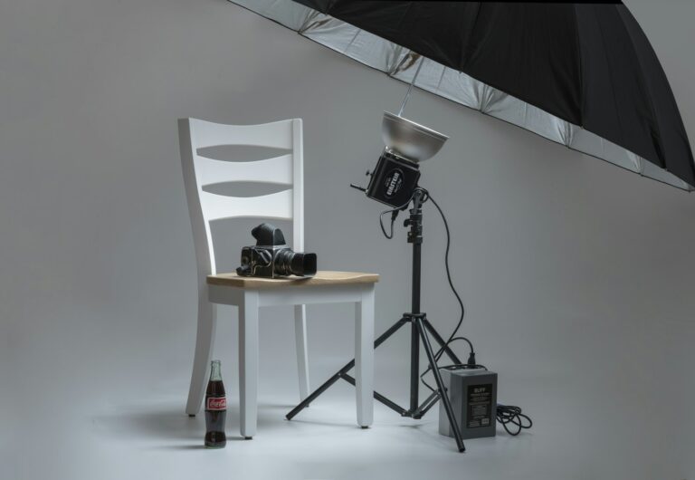 Product photo studio with camera and umbrella