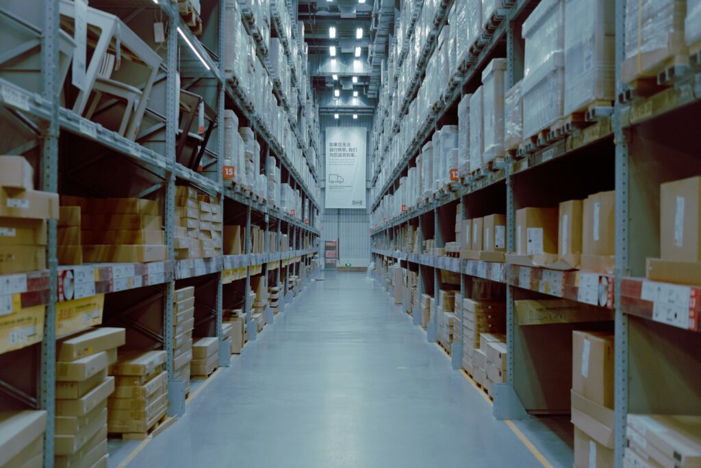 Warehouse with rows of shelves