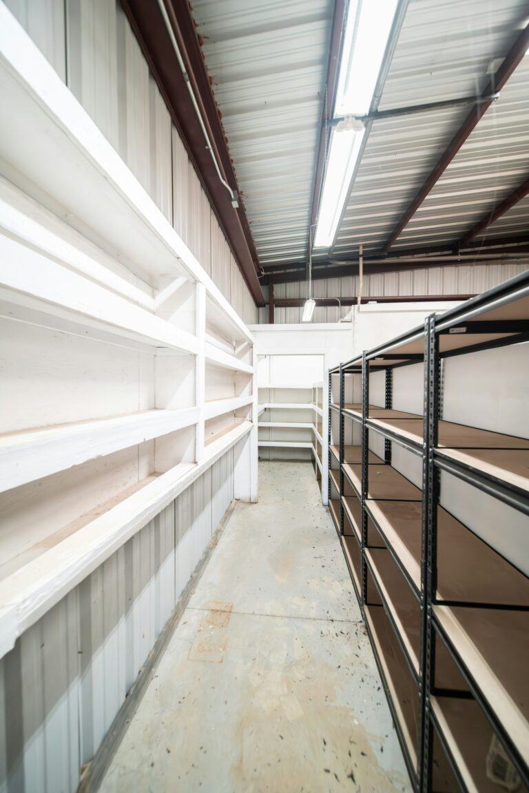 Long row of warehouse shelves